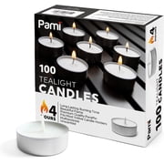 PAMI Premium White Tealight Candles 100-Pack – Unscented Paraffin Tea Lights with 4-Hour Burn Time, Beautiful Flame for Votive Holders