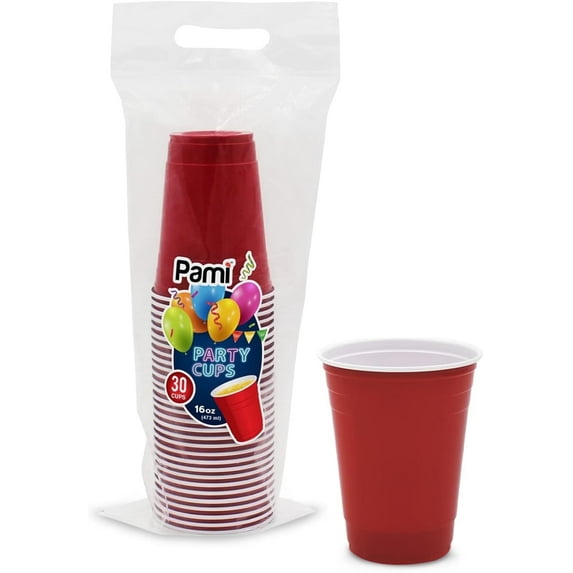 PAMI Red Party Cups Disposable Plastic Cups Party Supplies in Resealable Bag, 16 oz 30-Pack