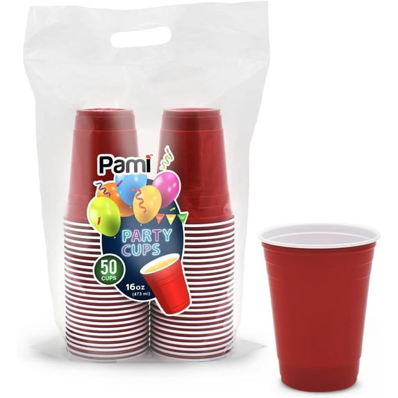 PAMI Red Party Cups Disposable Plastic Cups Party Supplies in Resealable Bag, 16 oz 50-Pack