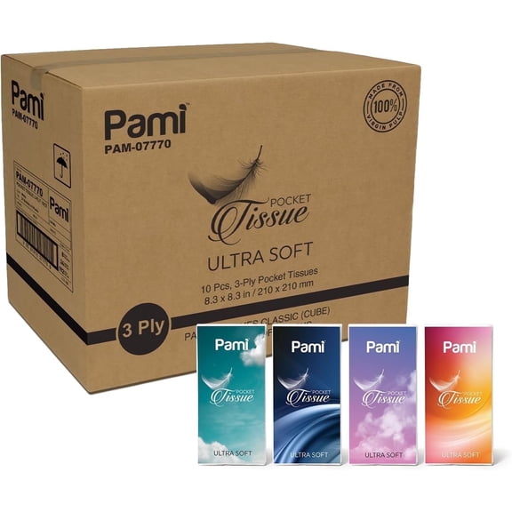 PAMI Soft Facial Tissue Paper 3-Ply Pocket Tissue 10-Sheet Travel Tissue Packs, 24-pack