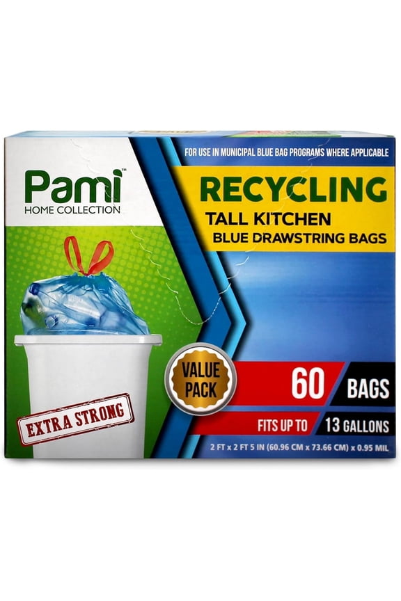 Tall Drawstring Trash Bags Thick Trash Can Liners Plastic Garbage Bags, 13 gal Blue 60-Pack