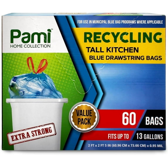 PAMI Tall Drawstring Trash Bags Thick Trash Can Liners Plastic Garbage Bags, 13 gal Blue 60-Pack