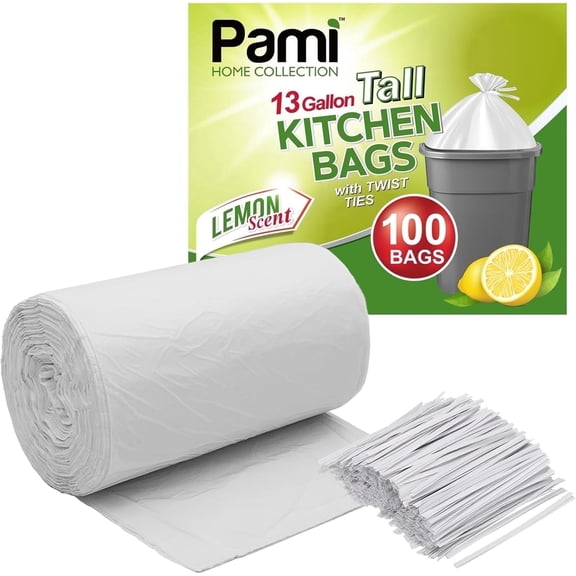 PAMI Trash Bags 13 Gallon Size – Kitchen Trash Bags With Twist Ties, Lemon Scented, 100 Pack, Tall White Odor-Control Garbage Bags