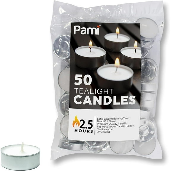 PAMI Unscented 1in Tea Light Candles 50-Pack – Paraffin Small Round Candles with 2.5 Hours Burn Time, Perfect for Votive Holders, White