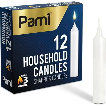 PAMI Traditional Shabbat Candles Tall Unscented Taper Candles Paraffin Candle Sticks, White 12-Pack