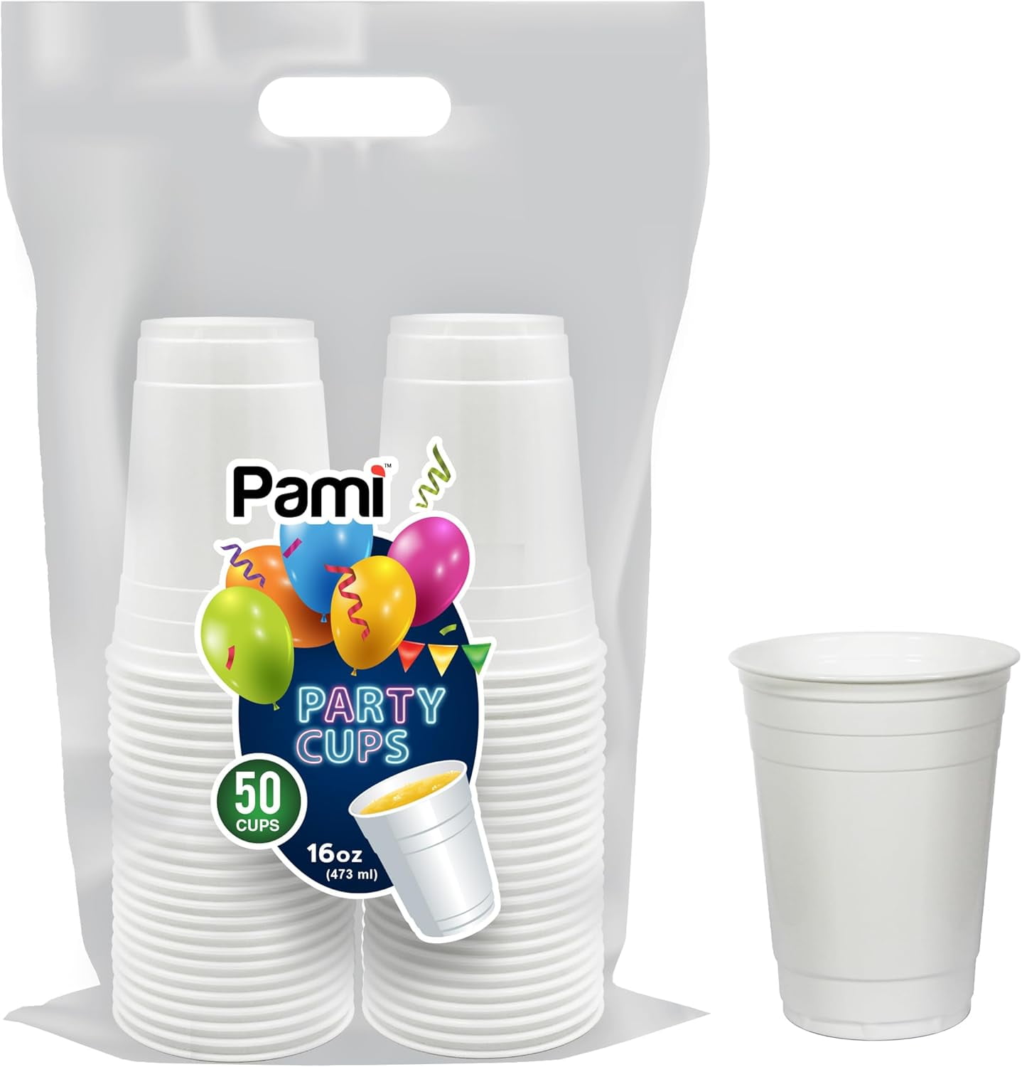 PAMI White Disposable Plastic Party Cups, 16 oz, Durable and Stackable ...