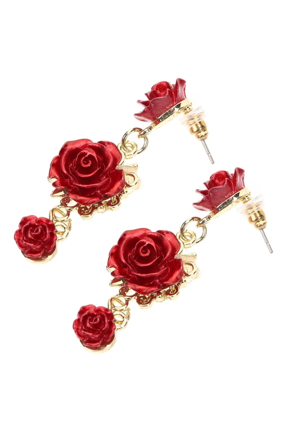 1 Pair Dangling Earrings For Women In Dark Red Rose Shape For Evening Parties