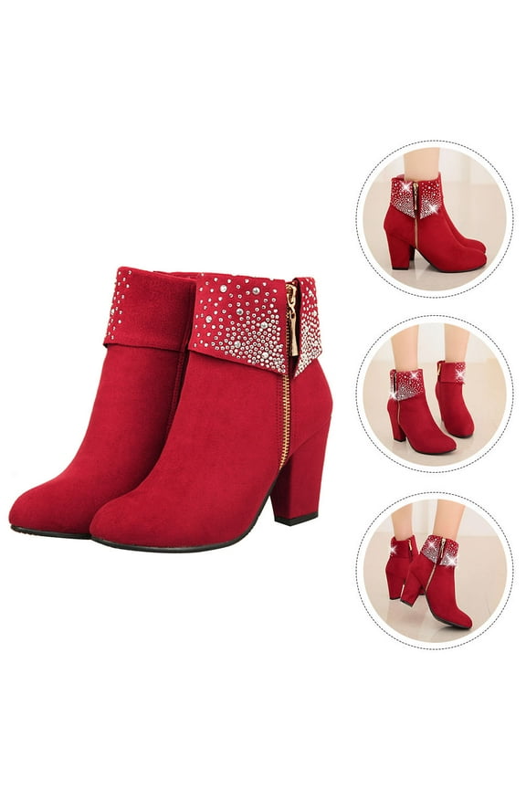 1 Pair Red Short Bootie for Women High Heel Ankle Boot Durable for Wedding 9.825 Inch