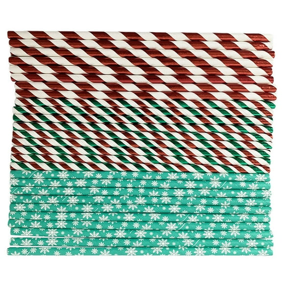 PAMINGONO 150Pcs White Snowflake on Green Background Disposable Straws for Festive Occasions 7.8x0.2in