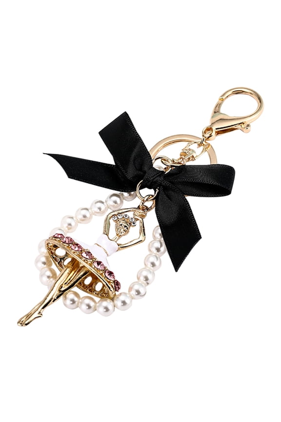 1Pack Sparkly Keychains for Women Zinc Alloy Rhinestone Ribbon Artificial Pearl Ballet Dance Pendant