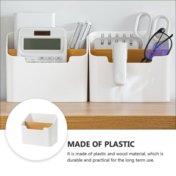 PAMINGONO Compact White Desktop Organizer with Plastic and Wood, Ideal for Office Supplies, Desk Storage, and Workspace Organization