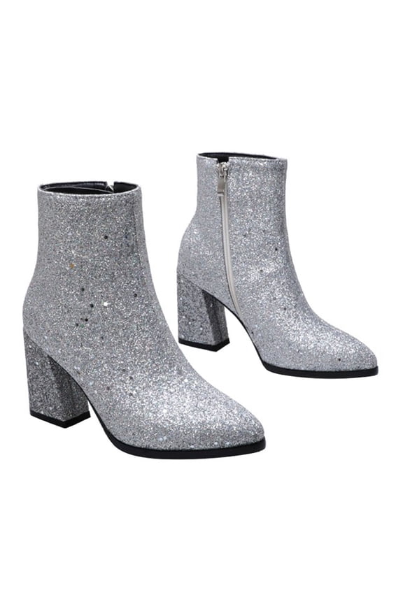 Women's Short Chunky High Heel Boots with Sequins and Comfortable Cushioned Sole, 1 Pair