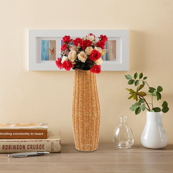 PAMINGONO Light Brown Woven Plastic Floor Vase Imitation Rattan Decorative Flower Holder for Indoor Display