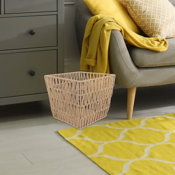 PAMINGONO 1Pcs Woven Trash Can Paper Rope Iron Simple Shape Pastoral Style Kitchen Waste Paper Bin 25x9.8in