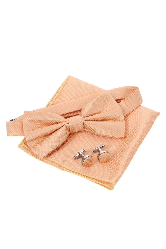 1Set Tuxedo Bow Tie Set Light Yellow with Pre-Tied Bowtie Pocket Square and Cufflinks