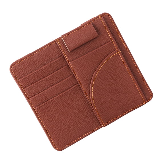 PAMINGONO Brown Car Sun Visor Storage Case with Sticky Straps for Cards Bills and Pens Auto Accessories