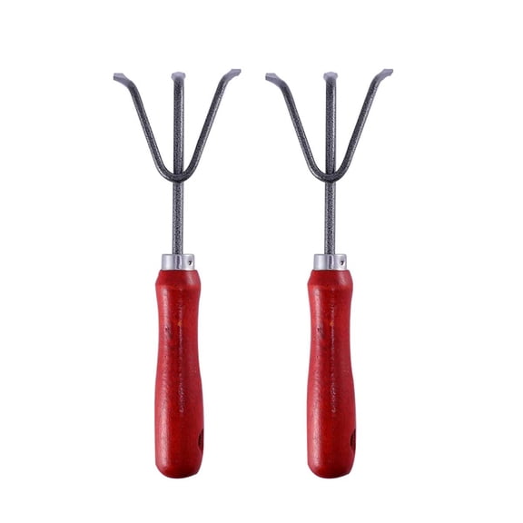 PAMINGONO 2PCS Three-tooth Weeding Rake Red Iron Wood for Cleaning Leaves and Debris