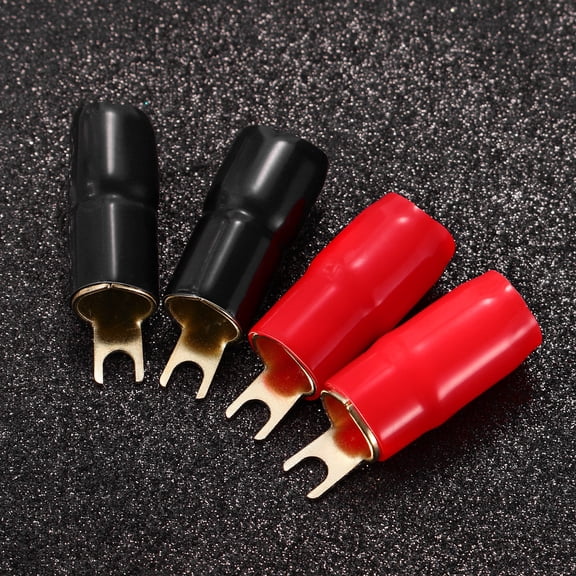 PAMINGONO 2Pairs Crimp Fork Terminal Connectors 0Ga Spade Adapter with Red Black Boots for Audio Speaker Wire