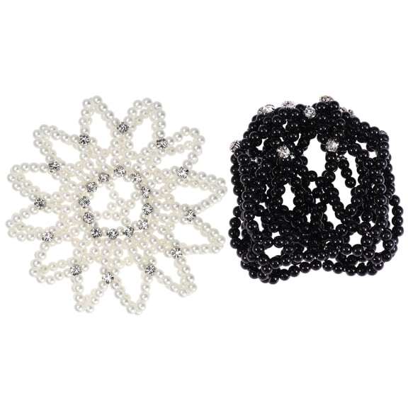 PAMINGONO 2-Pack Elastic Crochet Ballet Bun Covers with White & Rhinestones Hair Nets for Dance Recitals and