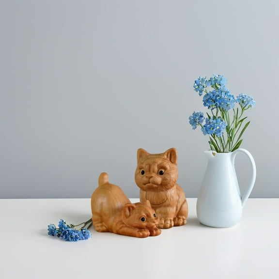 PAMINGONO 2Pcs Hand Carved Wood Cat Sculpture Minimalist Design for Home Decor