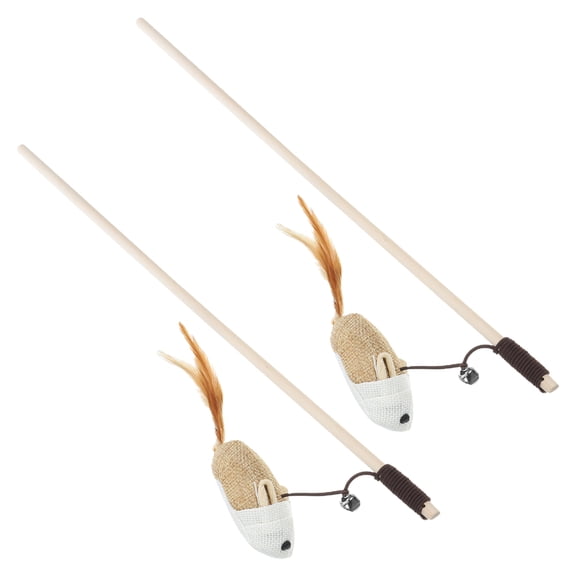 PAMINGONO Cute Cat Teaser Sticks Beige Cotton Rope Wood Plume Tail Mouse Design for Indoor Cats 2Pcs