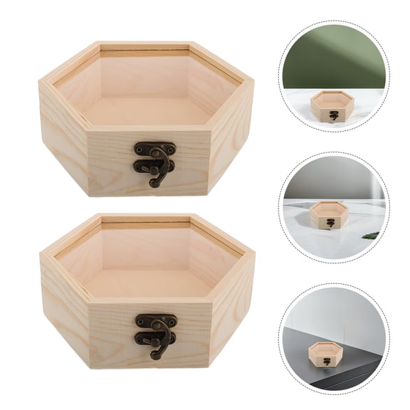 PAMINGONO 2Pcs Multifunctional Wooden Storage Boxes with Transparent Hexagonal Glass Lid Light Yellow Wood