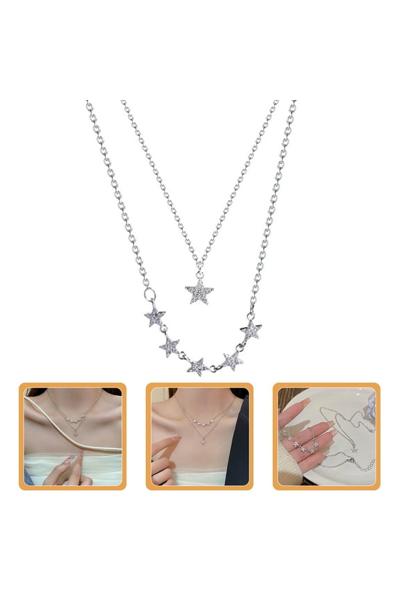 2Pcs Star Necklace Jewelry Pendant Clavicle Chain Women Silver 46x3Cm