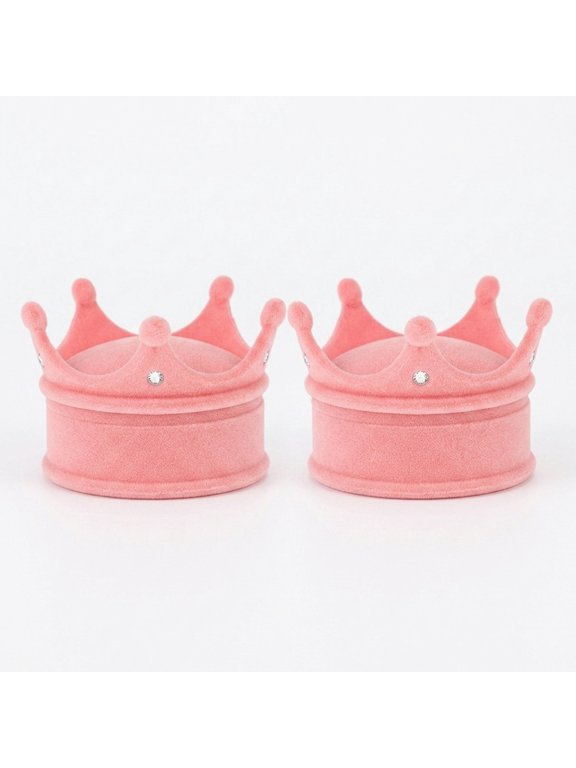 2pcs Pink Crown Shaped Plush Sponge Ring Storage Holder Box