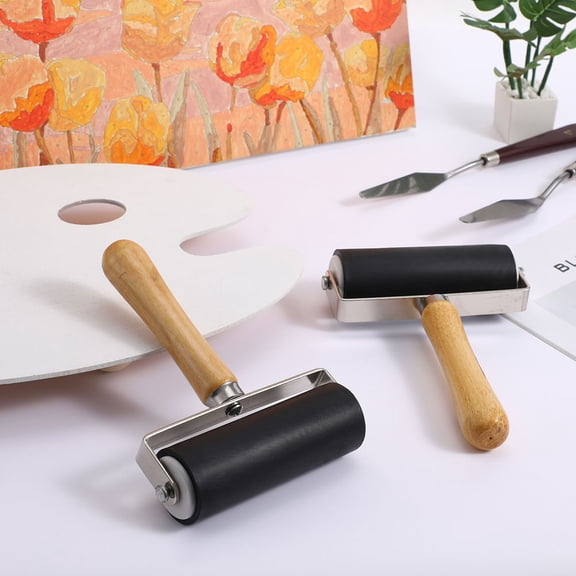 PAMINGONO 3Pcs Rubber Roller for Printing Ink Spreading with Wood Handle 5.8x4.8x1.4in