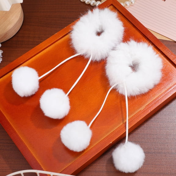 PAMINGONO 2Pcs White Fuzzy Pom Hair Ties Soft Plush Elastic Scrunchies for Hair Styling