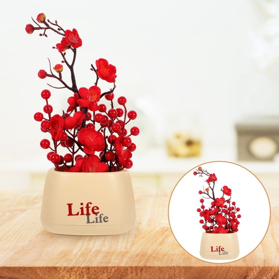 PAMINGONO Artificial Plum Blossom Bonsai Tree with Fruit, Faux Flower Arrangement for Chinese New Year Home Decor