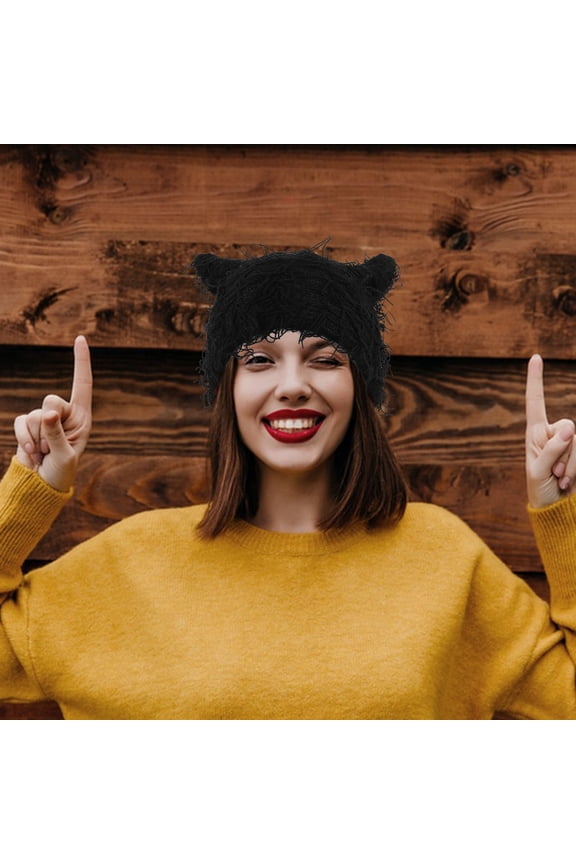 Black Cap Style Distressed Cat Ear Beanie for Winter Outdoor Activities 1Pcs