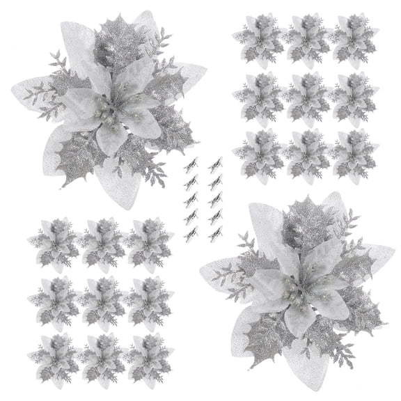 PAMINGONO Christmas Tree Decoration 16Pcs Glitter Poinsettia Flowers Festive Atmosphere Silver Three-Dimensional Layers