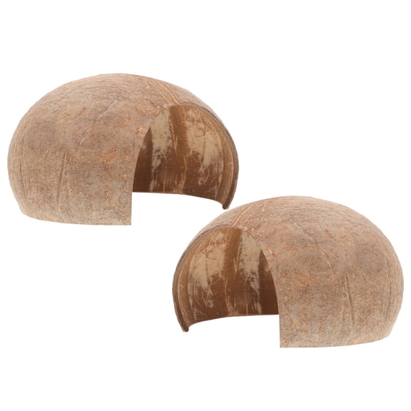 PAMINGONO 2Pcs Light Brown Coconut Shell Cave Reptile Hide Aquarium Ornament with Multiple Openings