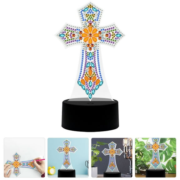 PAMINGONO Multicolor Rhinestones Painting Cross Light Table Lamp for Bedroom Nightstand