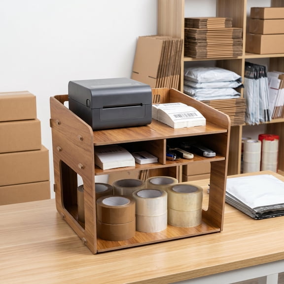 PAMINGONO Compact Wooden Printer Stand Home Desk Organizer Light Brown