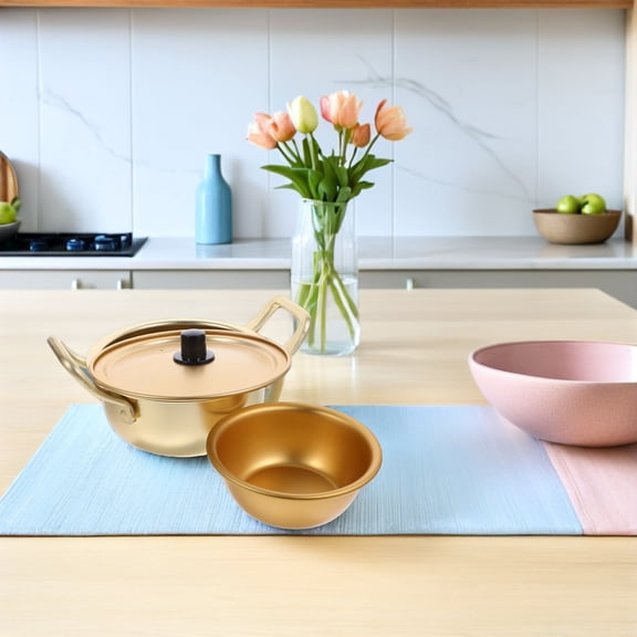 PAMINGONO 1Set Golden Korean Ramen Cooking Pot with Lid Small Bowl Aluminum Alloy