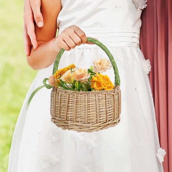 PAMINGONO Elegant Green Willow Basket with Ribbon Handle for Wedding and Home Use