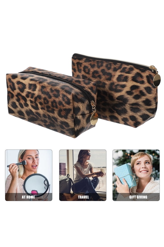 Leopard Print Makeup Pouch 2pcs PU Cosmetic Bag Travel Toiletry Bag for Storage Use Portable Wash Bag with Zipper
