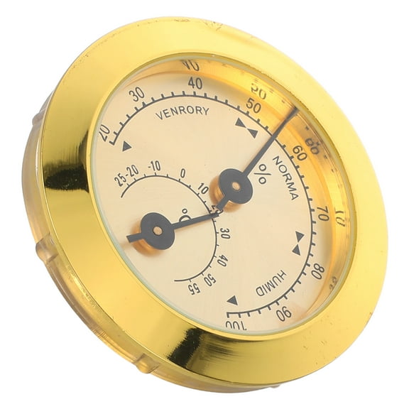 PAMINGONO Round Gold Analog Hygrometer for Cigar Cabinet with Embedded Temperature Gauge