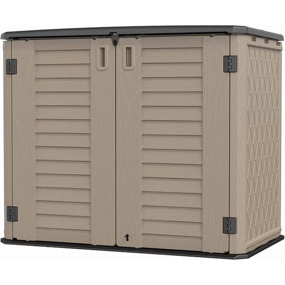 PAMINGONO Outdoor Storage Shed - Horizontal Storage Box Waterproof for Garden, Patios, Backyards, Multi-Opening Door for Easy Storage of Bike, Garbage Cans, Tools, Lawn Mower, Brown, 26 Cubic Feet