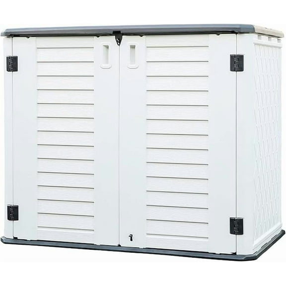 PAMINGONO Outdoor Storage Shed - Horizontal Storage Box Waterproof for Garden, Patios, Backyards, Multi-Opening Door for Easy Storage of Bike, Garbage Cans, Tools, Lawn Mower, White, 26 Cubic Feet