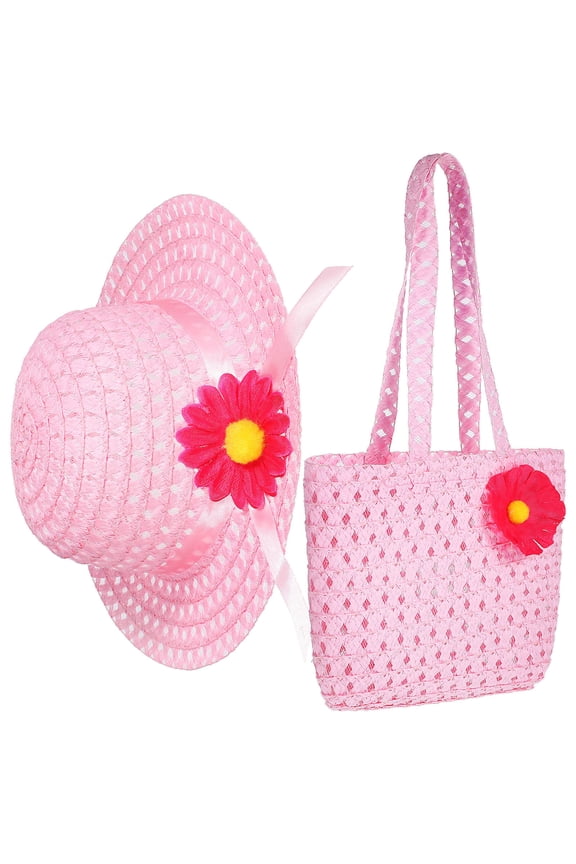 Pink Decorative Straw Hat and Tote Bag Girls with Flower Design Polyester Summer Tea Party 6.5 Inches Brim