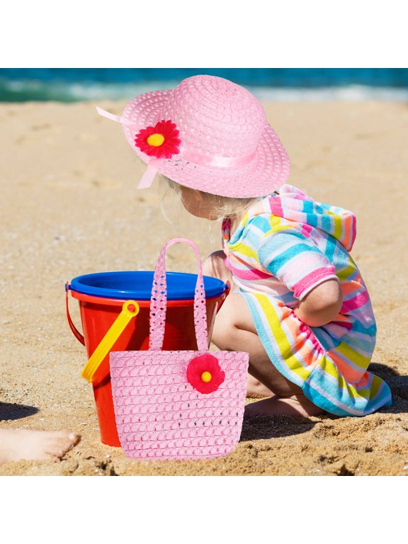 Girls Decorative Straw Hat with Flower Design and Matching Tote Bag, Polyester Tea Party Hat, 6.5 Inch Brim
