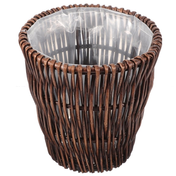 PAMINGONO Dark Brown Woven Rattan Trash Can with Plastic Base, Stylish Bathroom and Home Waste Basket for Decor
