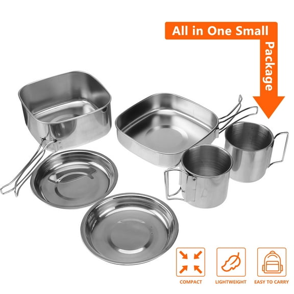 PAMINGONO Picnic Set Stainless Steel Cookware Portable Camping Pot Frying Pan Plates and Cups for Outdoor Use