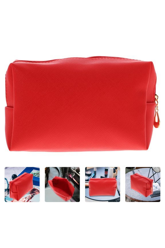 Portable Red Makeup Bag with Zipper Design Chic Fashion Toiletries Storage Pouch