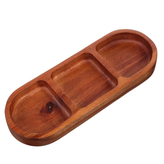 PAMINGONO Wooden Divided Sauce Dish Coffee Color Three Section Serving Tray for Home Use