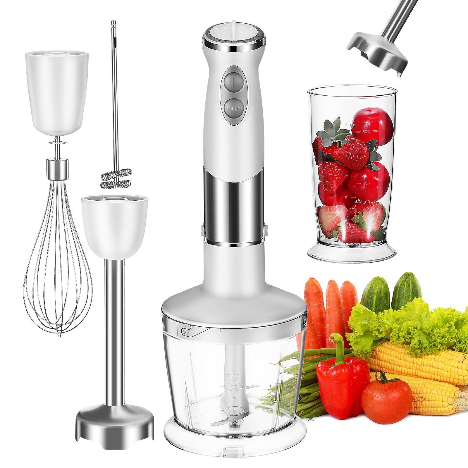 PAMINGONO White 5-in-1 Hand Blender Set – Electric Mixer Chopper Whisk Milk Frother for Soups, Sauces & Smoothies, US Plug