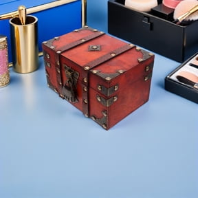 PAMINGONO Vintage Wooden Lock Box Dark Red Retro Treasure Chest for Jewelry Storage
